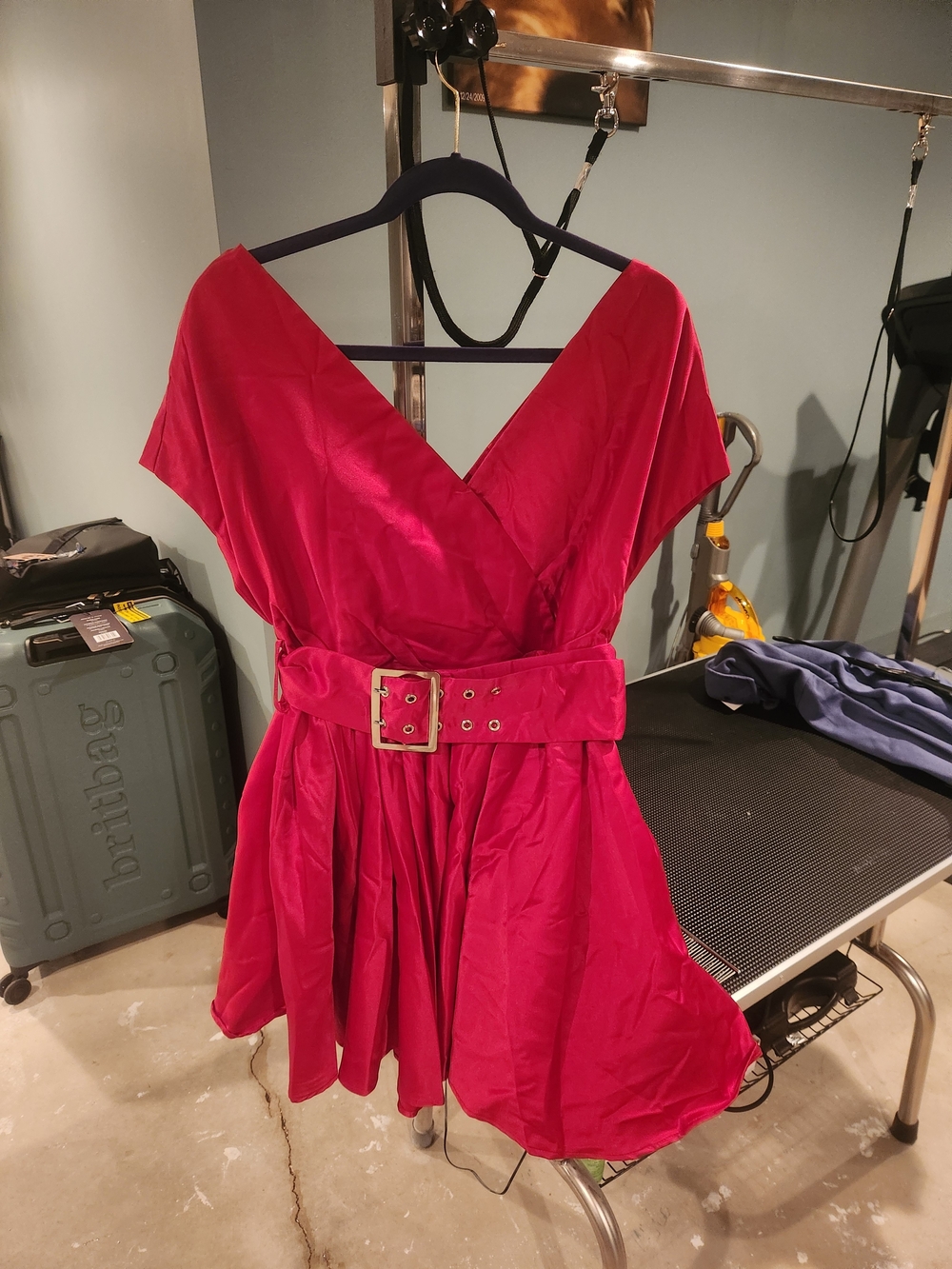 SHEIN Red V‑Neck Belted Skater Mini Dress